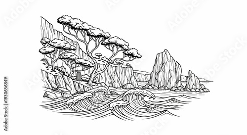 Crashing waves meet a rocky, tree-lined coast with a hidden doorway