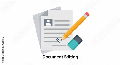 A flat design graphic depicts a document being edited with a pencil and eraser