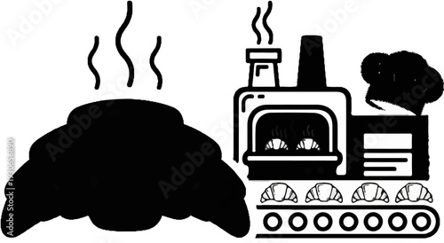 Bakery oven with croissants baking and cooling on a conveyor belt