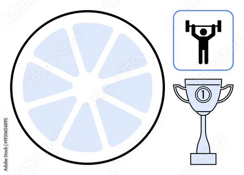 Fitness concept. Fitness highlighted through weightlifting, lemon for health, and trophy for achievement. Fitness motivates health, sports, goal setting, and determination