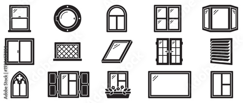 Various types of windows and window elements collection in a comprehensive set of black and white vector icons for architectural design.