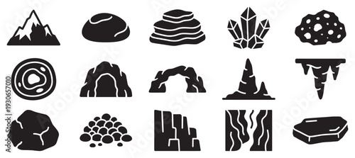 Geological formations and rocks vector collection features various natural stone elements and cave structures.