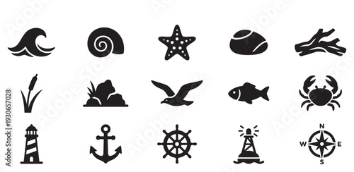 Sea and ocean icons collection featuring various marine elements, coastal wildlife, and navigation symbols in a cohesive style.