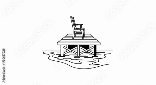 A solitary chair rests upon a wooden dock extending over calm water
