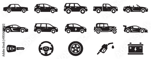 Various cars and automotive icons representing different vehicle types and essential components for transportation.