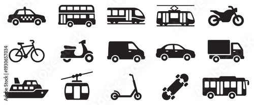 Various transportation icons representing different modes of travel, public transit, personal mobility, and delivery services.