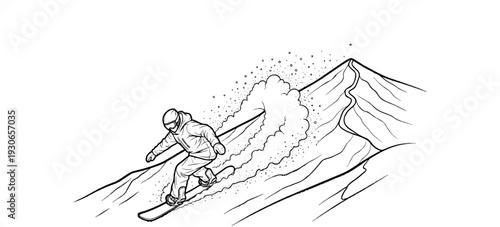A snowboarder carves down a snowy mountain slope, kicking up powder