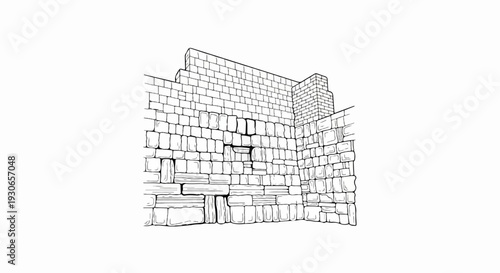 Drawing of a textured stone wall with varying block sizes and a small recess