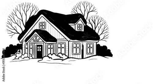 A charming, snow-dusted home with bare trees and shrubbery in winter