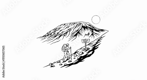 A lone hiker ascends a rocky mountain path toward Stella Point, under a drawn sun