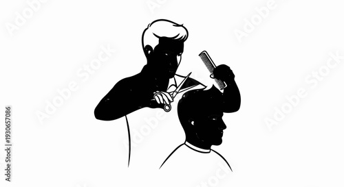 Barber cutting client's hair with scissors and comb, silhouette style