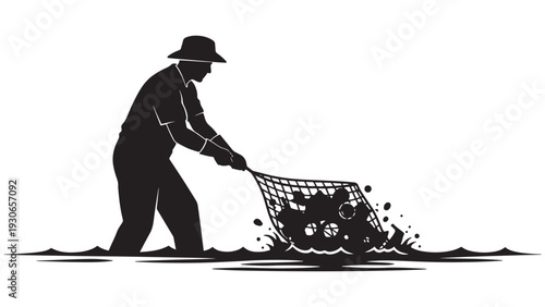 River Cleanup Volunteer Pulling Debris Net From Water — Black Solid Vector Of Community Litter Removal And River Restoration Activity, Isolated On White