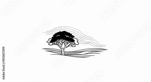 A lone, stylized tree stands on rolling hills under a sweeping, graphic sky