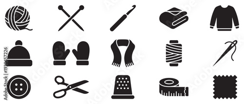 Knitting sewing and crafting tools and apparel icons collection for handmade hobbies, textile projects, and fashion design.