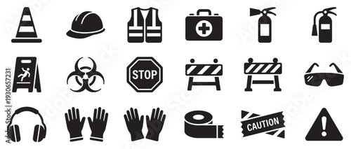 Industrial safety icons collection displaying essential protection symbols for workplace hazards and emergency preparedness.