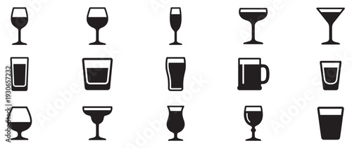 Comprehensive collection of various drinking glasses and beverage containers vector icons for all types of drinks.
