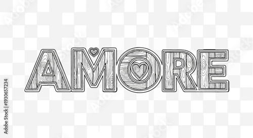 A stylized word "AMORE" in bold font with a wood grain texture, featuring heart shapes
