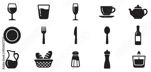 Dining and kitchen icons set featuring various essential items for restaurants, cafes, and home use, presented as a clean vector illustration.