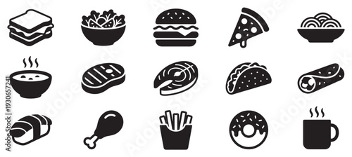 Various food icons representing a diverse range of popular dishes and beverages for menus and culinary themes.