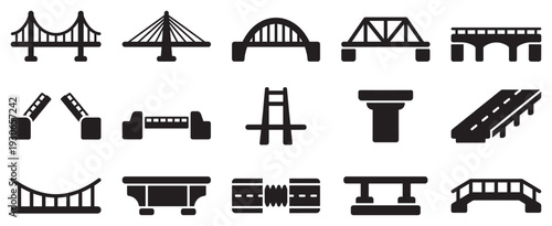 Various bridge icons representing different architectural structures and engineering designs for transportation and infrastructure projects.