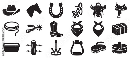Cowboy western icons and ranch life elements are displayed in a comprehensive collection of black silhouettes.