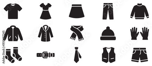 Various clothing items and accessories icons set representing a diverse range of garments and fashion apparel for modern design.