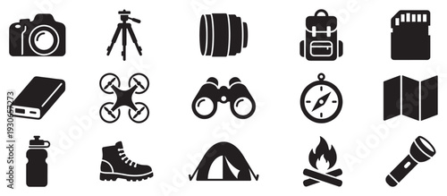 Outdoor adventure travel photography camping equipment icons collection features essential gear for exploration and capturing memories.