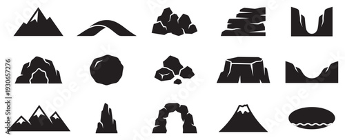 Geological formations and natural elements vector icons collection illustrating diverse landforms, rocks, mountains, valleys, and caves in a minimalist style.