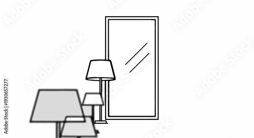 A tall mirror stands beside lamps, reflecting angled lines