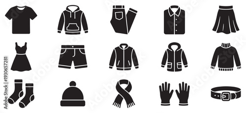 Clothing items icons set representing various apparel and fashion accessories in a minimalist black silhouette style.
