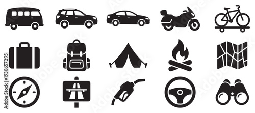 Travel and adventure icons representing various modes of transportation and essential gear for outdoor exploration and road trips.
