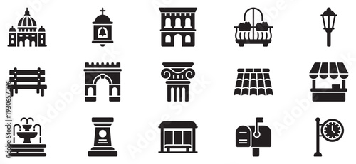 Collection of urban architecture and city elements icons representing various public infrastructure and historical landmarks in a simple silhouette style.
