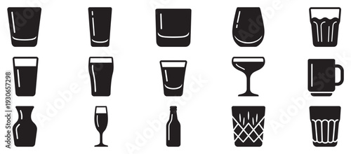 Drinking glasses and beverage containers collection featuring various types of drinkware in a minimalist icon style.