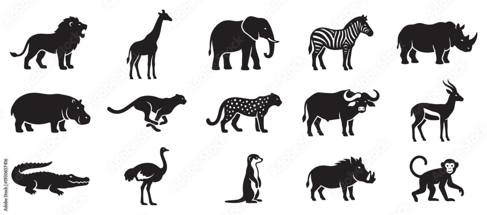 Fototapeta premium African wild animals collection features various safari species silhouettes including lions, elephants, and zebras, perfect for educational or design projects.