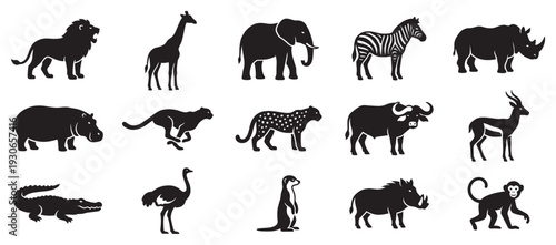 African wild animals collection features various safari species silhouettes including lions, elephants, and zebras, perfect for educational or design projects.