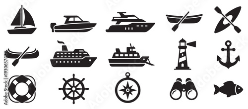 Collection of various nautical marine shipping travel icons representing boats, ships, and navigation tools for sea adventures.