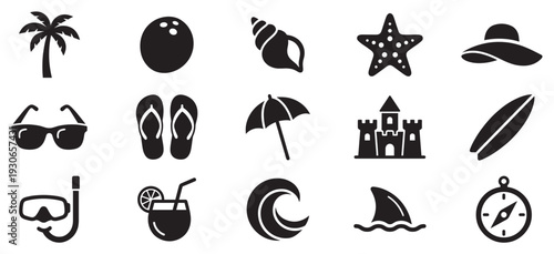 Collection of summer beach and tropical vacation icons featuring essential holiday elements like palm trees, sunglasses, and a sandcastle.