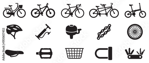 Bicycle and cycling accessories icons set featuring various bike types and essential gear for outdoor recreation and daily commute.