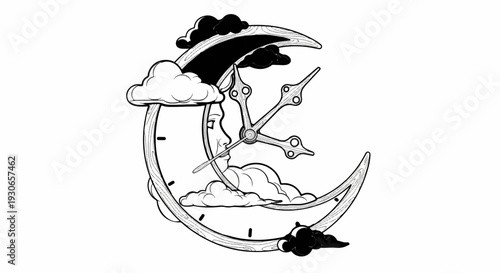 Crescent moon clock face with a human profile and swirling clouds, in black and white