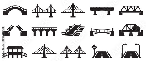Various bridge and road infrastructure icons collection set depicting different architectural styles and transportation pathways for design elements.