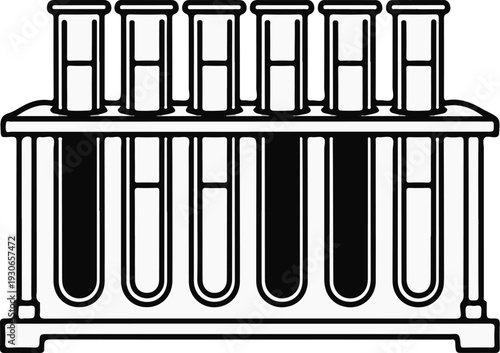Six test tubes filled with liquids sit in a rack for scientific experiments