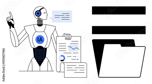 Robot with IA label holding analyzed documents, charts, and graphs beside digital file folder. Ideal for technology, AI, automation, data management, innovation, productivity information systems