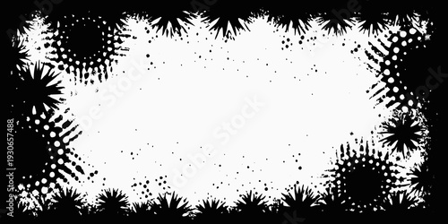 Abstract black and white frame with scattered spiky and dotted textures