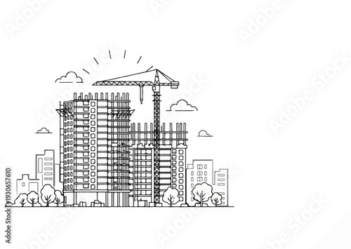 Sketch of construction site with buildings, crane, and trees under sunny sky