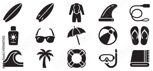 Summer beach and surf icons collection featuring various vacation and water sports essentials for leisure activities.