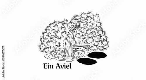 Small water feature with a rectangular spout, lush foliage, stepping stones, and text below