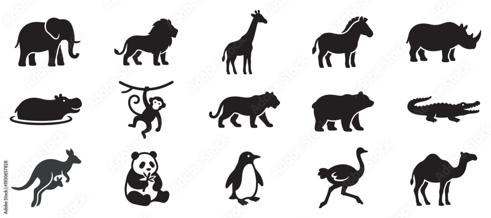 Fototapeta premium Various wild animal silhouettes collection for design projects, featuring iconic creatures from around the globe.