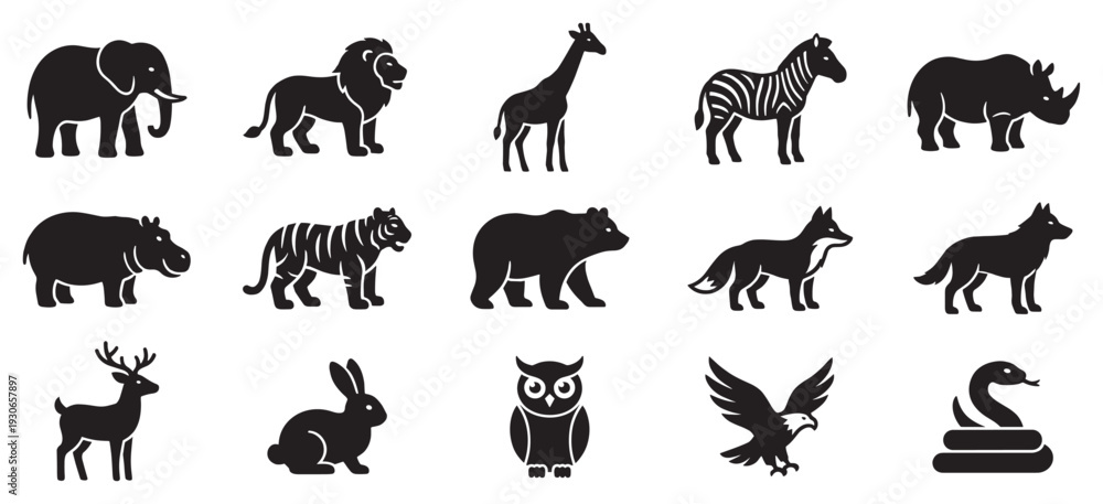 Fototapeta premium Animal icons collection featuring various wildlife silhouettes and symbols for modern graphic design projects and educational materials.