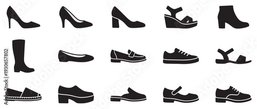 Various types of shoes and footwear silhouettes are presented as a comprehensive collection of modern fashion icons.