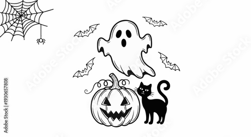 Spooky Halloween scene with a black cat, carved pumpkin, ghost, bats, and spiderweb